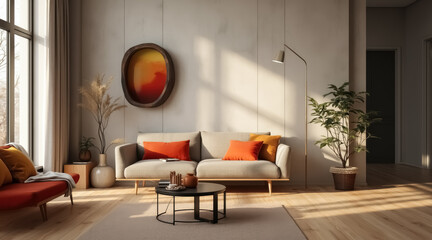 modern living room with a light grey sofa and warm-toned decor
