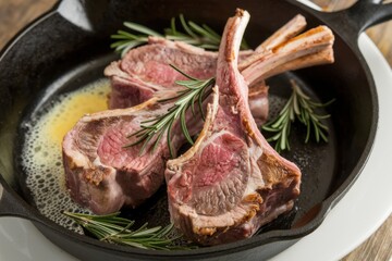Tender lamb chops seared perfectly and garnished with fresh rosemary in a cast-iron skillet