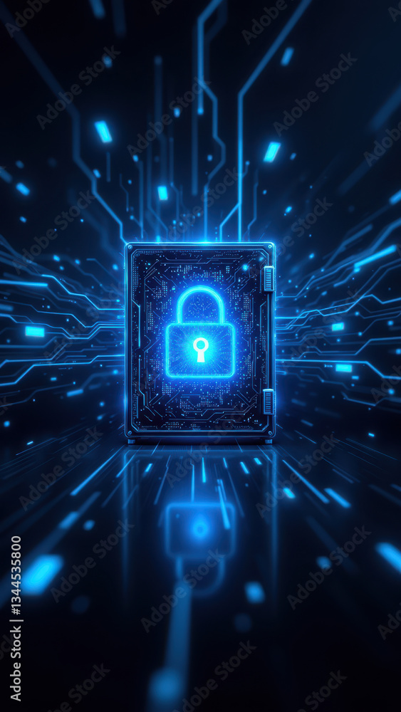 Poster a digitally enhanced representation of a key lock with cybernetic and futuristic elements, emphasizi