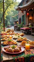Fototapeta premium Outdoor brunch spread on vibrant tablecloth in garden setting
