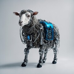 "A cyberpunk-inspired robotic sheep with metallic wool and neon-blue eyes, standing against a plain white background."