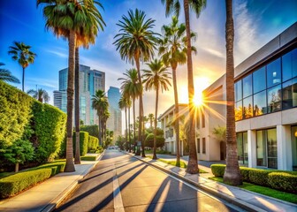 West Hollywood Street Scene: Modern Architecture, Palm Trees, Empty Sidewalk - Los Angeles California