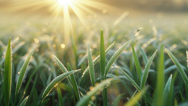 Sunlit green grass with dew drops shines, creating a fresh, vibrant, and tranquil nature scene.
