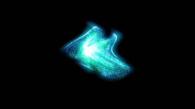 Wavy green and celadon particles forming various shapes on a black background.
