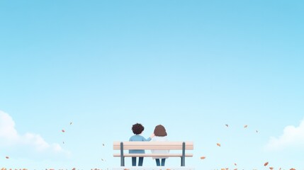two friends sitting together on park bench one placing reassuring hand on other shoulder as autumn leaves scatter around