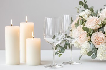 Elegant arrangement features glowing candles, delicate flowers,