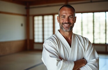 Portrait of adult smiling man wearing white kimono in a dojo hall. Experienced pro karate teacher with crossed arms demonstrates martial art training with a friendly expression. Fight club promotion.