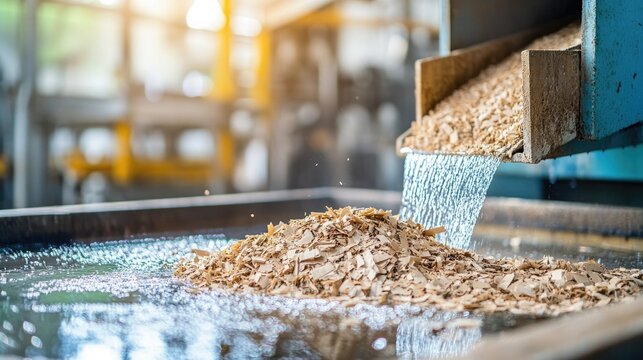 Wood shavings cascade from machine, highlighting manufacturing p
