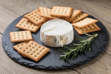Delicious goat cheese served with crispy crackers on a stylish slate plate for a perfect snack experience