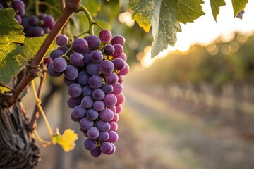 Ripe grapes hanging on a vine in a vineyard during sunset