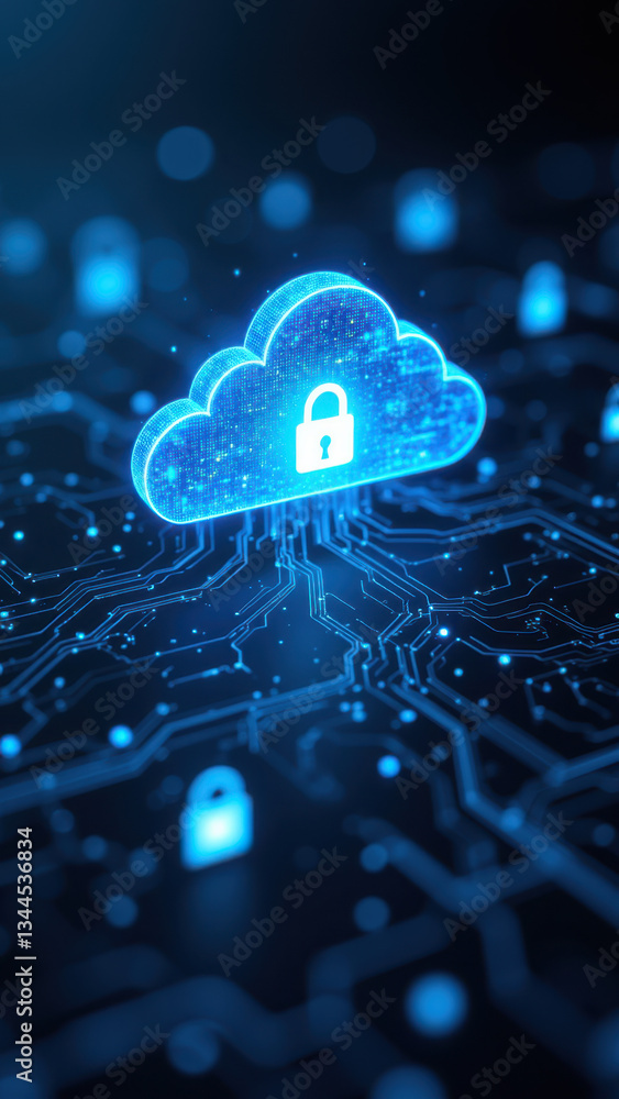 Aufkleber a futuristic digital security symbol featuring a floating cloud with lock icon for enhanced protecti