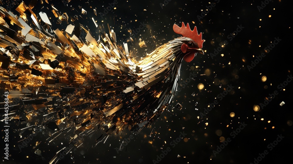 Poster a stylized image features a rooster exploding with shimmering fragments