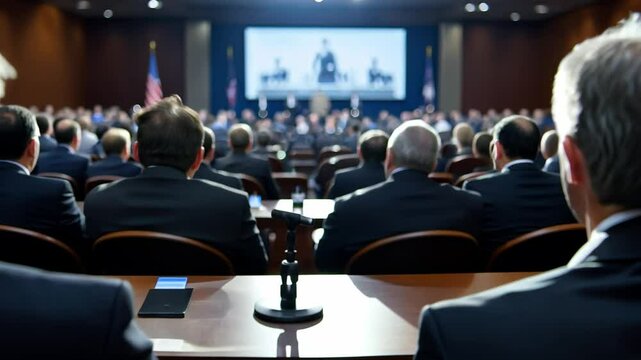  Conference Audience: A wide shot captures a large audience intently watching a presentation or speaker, perhaps at a significant conference or business meeting.