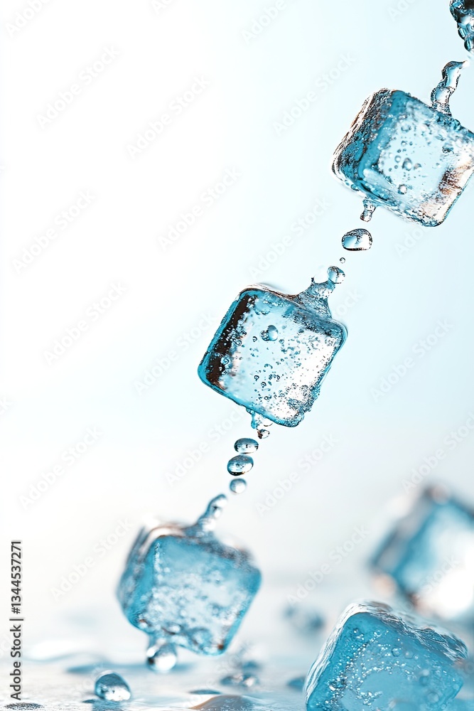 Poster floating ice cubes create mesmerizing patterns in clear water, s