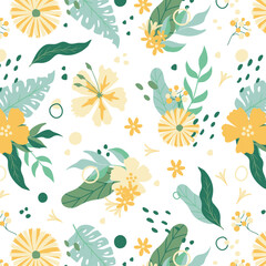 Colorful hibiscus flower with tropical leaf seamless pattern design for summer holidays background.