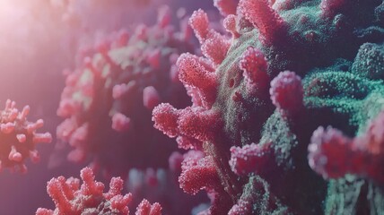 Naklejka premium Microscopic virus background with detailed 3D cells and glowing particles — ideal for medical, scientific, and healthcare-themed designs or educational visuals