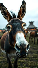 A curious donkey captured in an extreme close-up, showcasing its large ears, soft fur, and friendly expression. The background features a rustic farm setting with other donkeys and warm lights.