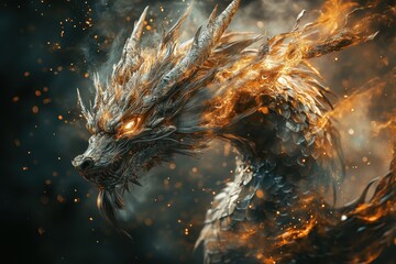 A detailed illustration of a majestic fiery dragon with intricate features