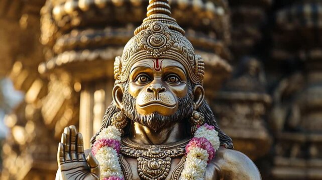 Golden hanuman statue intricate details serene expression hindu deity cultural significance spiritual art