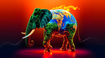 Obraz premium An elephant with a world map pattern on its skin stands on a vibrant, colorful background.