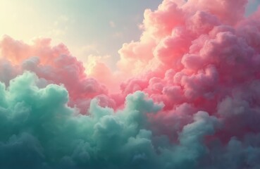 Fototapeta premium Abstract swirls of pink, green clouds fill sky. Soft, light, ethereal texture wispy, fluffy, dreamy, hazy. Blurred gradient of delicate background. Artistic design evokes fantasy, beauty, imagination.