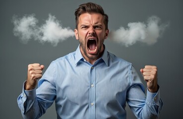 Furious business man yells in tantrum, steam comes out of ears. Angry crazy office manager loses control venting negative emotions. Isolated on grey background. Bad tempered irritated guy shouts,