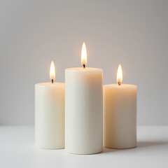 Three Burning White Candles on White Background