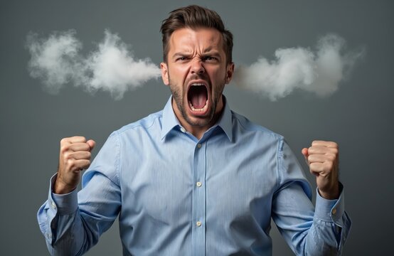 Furious business man yells in tantrum, steam comes out of ears. Angry crazy office manager loses control venting negative emotions. Isolated on grey background. Bad tempered irritated guy shouts,