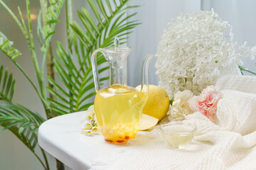 Fruit tea on a monochrome background