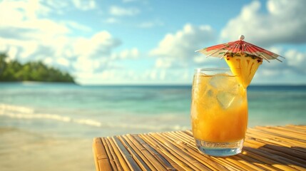 Refreshing tropical cocktail on bamboo table with beach and ocean backdrop