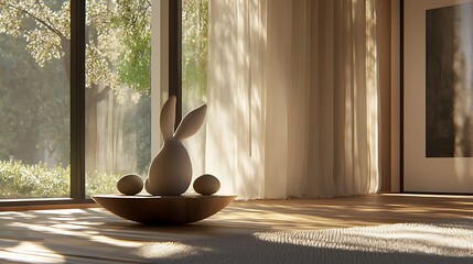 Easter bunny and eggs on the floor near window with sunshine. Home decor
