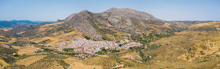 Aerial view of Valle de Abdalajis Village - Malaga Andaluc&iacute;a. Countryside of Spain. Typically, white village at mountain base, surrounded with agriculture field. Travel destination.