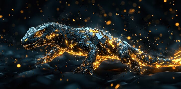A glowing lizard with metallic texture moving across a surface