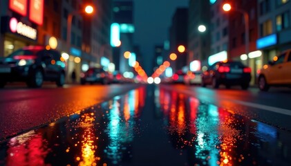 Obraz premium Abstract late-night city lights reflecting on wet pavement, geometric, background