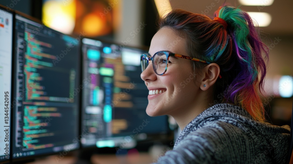 Poster a smiling person with colorful hair works at a computer, surrounded by code on multiple monitors, re