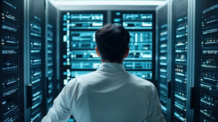 A person in a lab coat stands in front of a server rack, surrounded by glowing screens displaying data and information, indicating a high-tech environment.