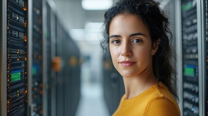 A woman with curly hair smiles confidently in a server room filled with computer servers, showcasing a blend of technology and professionalism.