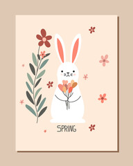 cute white bunny is sitting on beige background with colorful flowers. flat vector art with cute rabbit for cards