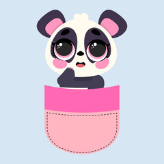 Adorable baby panda with big shiny eyes sitting in a pink pocket. Perfect for kids' designs, stickers, textiles, nursery decor, greeting cards, and trendy kawaii-style prints