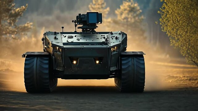 Military Robot on Patrol: A rugged military robot maneuvers along a dusty, rural road, its advanced technology hinting at automated surveillance or combat capabilities.