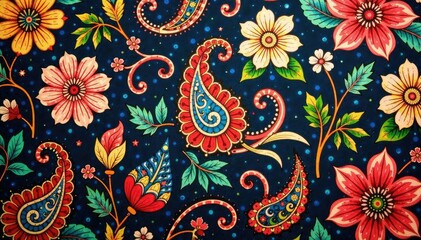 Fototapeta premium Intricate paisley floral pattern on vintage fabric, illustration, autumn, summer