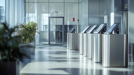 Entering Modern Corporate Office Building with Security Turnstiles and Plants