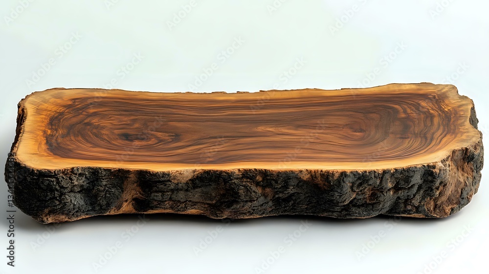 Poster natural walnut wood slab with raw bark edge showing distinctive grain pattern and organic shape on w