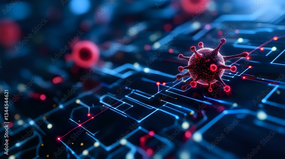 Poster microscopic virus cell on digital circuit background with glowing red and blue elements, representin