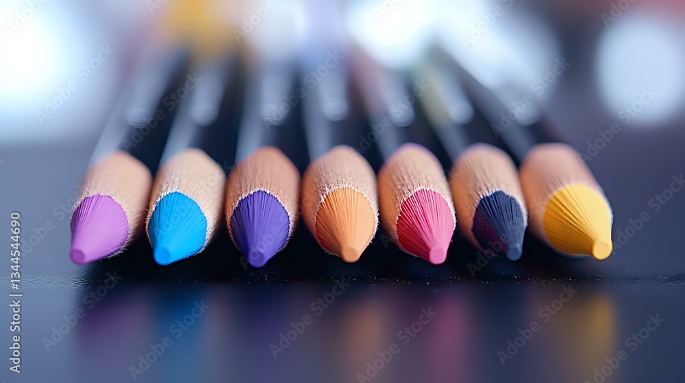 Aufkleber vibrant colored pencils arranged in row on dark surface with soft bokeh background, showcasing rainb