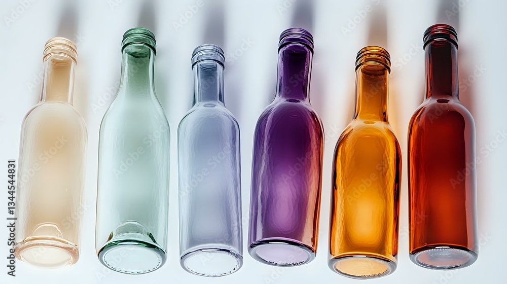 Poster colorful glass bottles arranged in rainbow sequence from beige to red on white background. empty tra