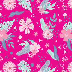Colorful hibiscus flower with tropical leaf seamless pattern design for summer holidays background.