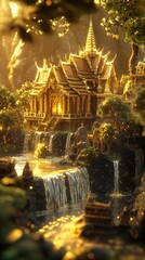 Fototapeta premium Golden temple waterfall jungle fantasy