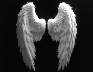 Elegant pair of white angel wings isolated on dark black background. Symbolic of purity, flight and freedom. Feathered wings for divine heavenly beings. Perfect for abstract design elements.