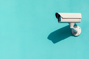 Security camera positioned against a bright turquoise wall captures activity in its vicinity Generative AI